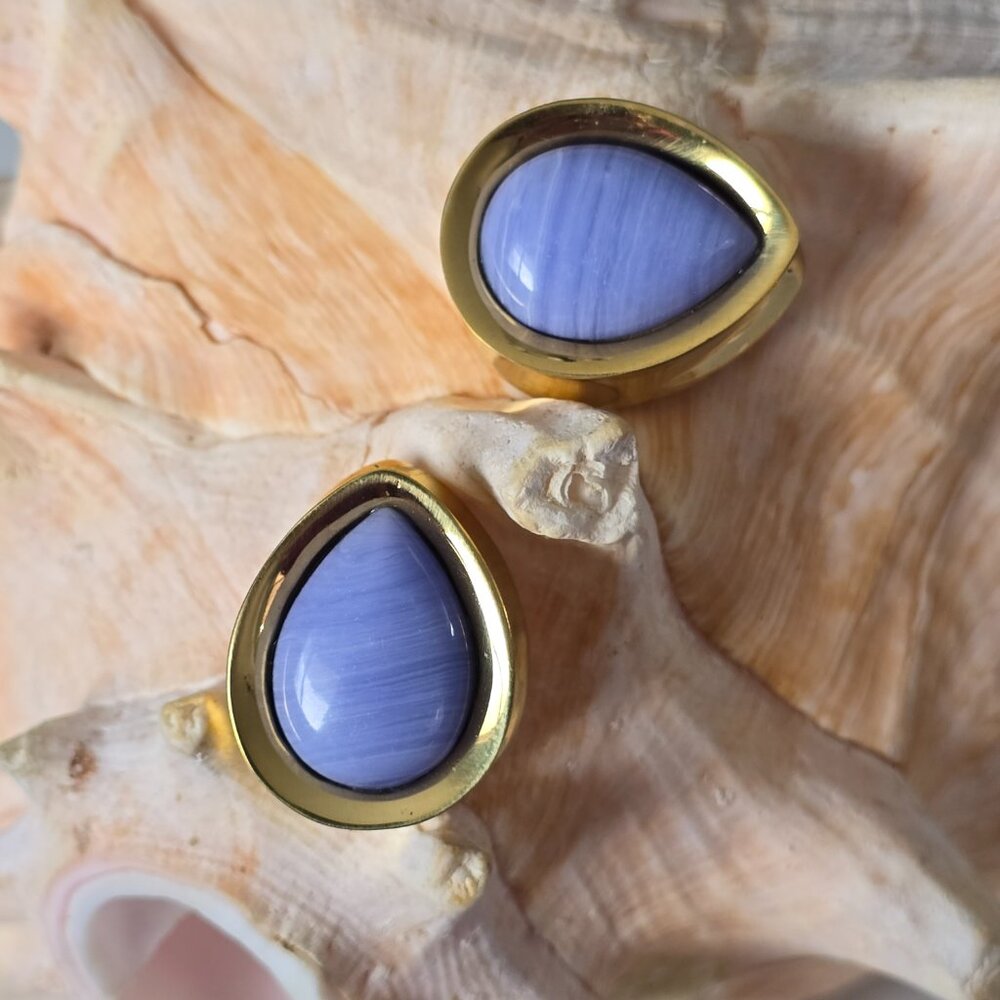 Brass teardrop plugs pair with blue lace agate stone center - NWT 14mm 9/16